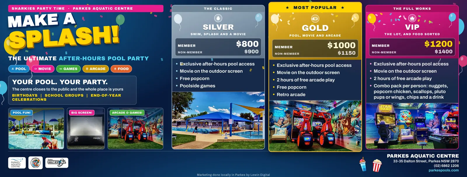 Sharkies Party Time pool party packages board